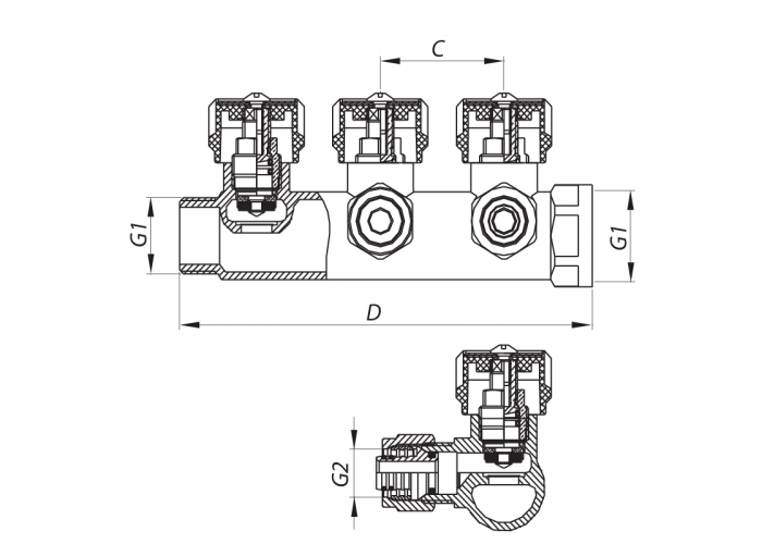 Коллектор вентильный с фитингом KOER KR.1121-4 3/4”x4 WAYS (KR2652)